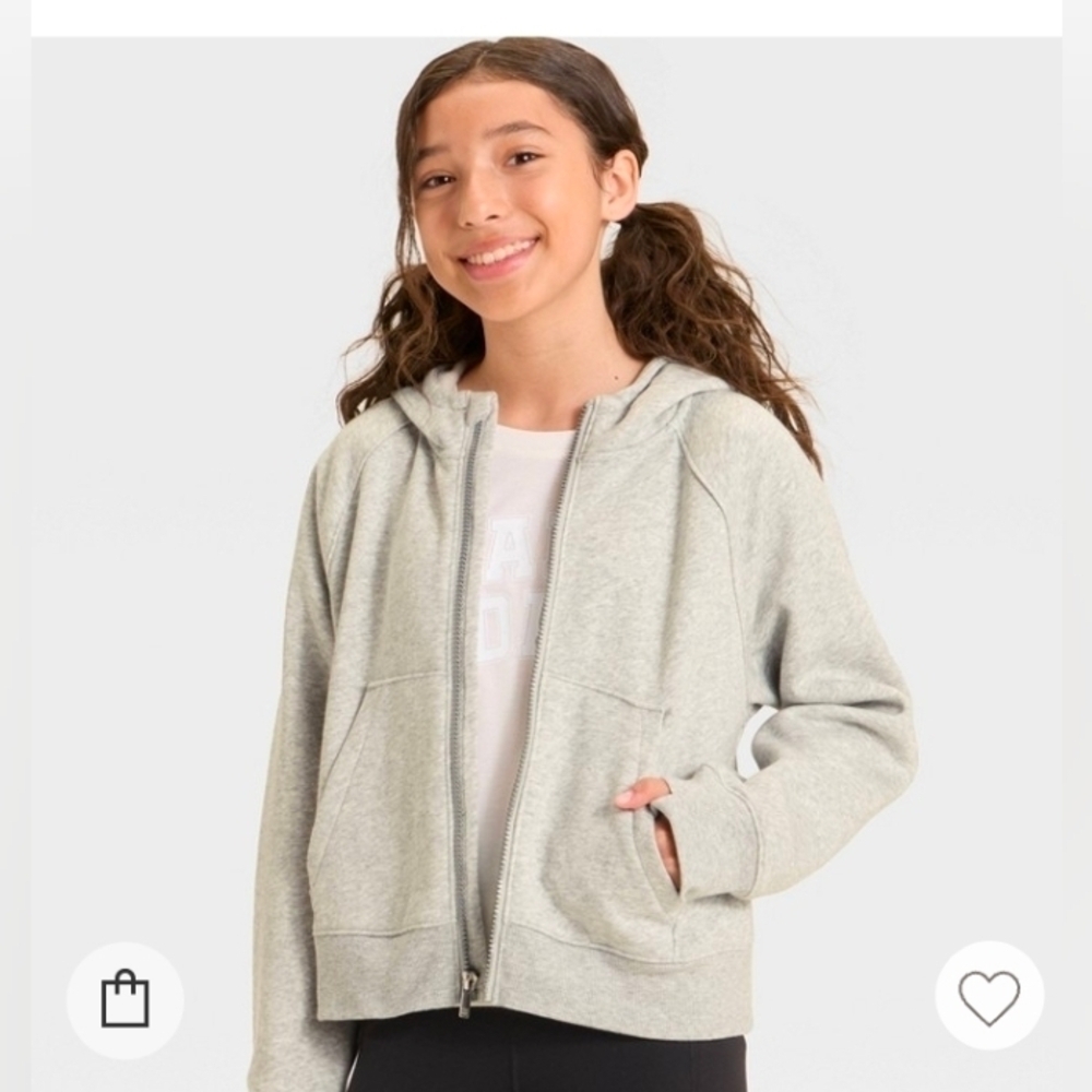 All In Motion Girl Sweater Fleece Fz Hoodie Stash Pockets Thumbhole Cuffs Zip-Up